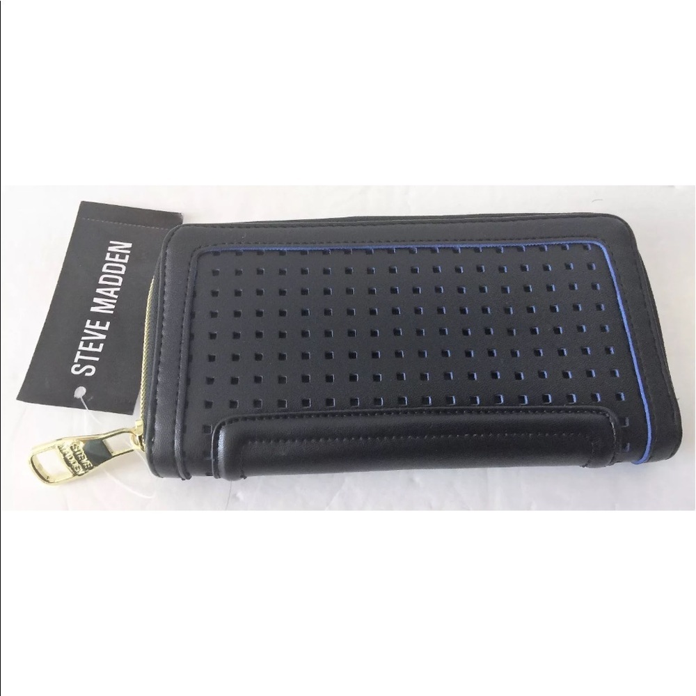 Steve Madden Perforated Black Blue Zip Wallet 8"